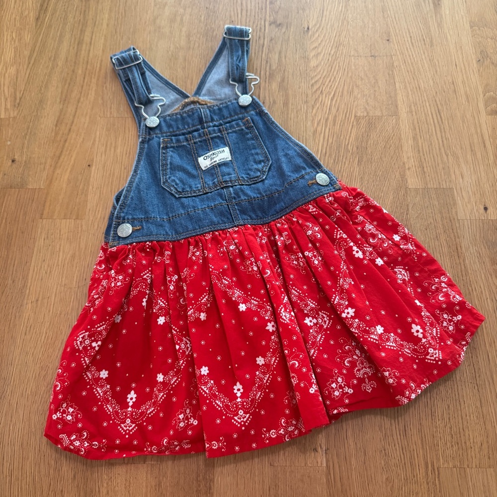 Osh'Kosh 3T Red Blue Denim Western Bandana Print Overall Skirtall Jumper Dress